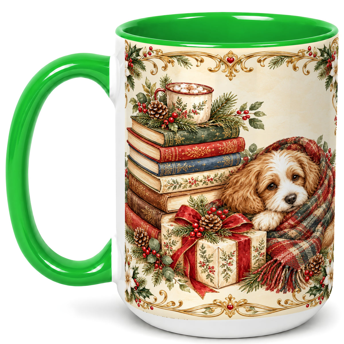 #pl[15oz|Green] Christmas Dog Books Coffee Mug, Cozy Puppy Mug, Ceramic Cup