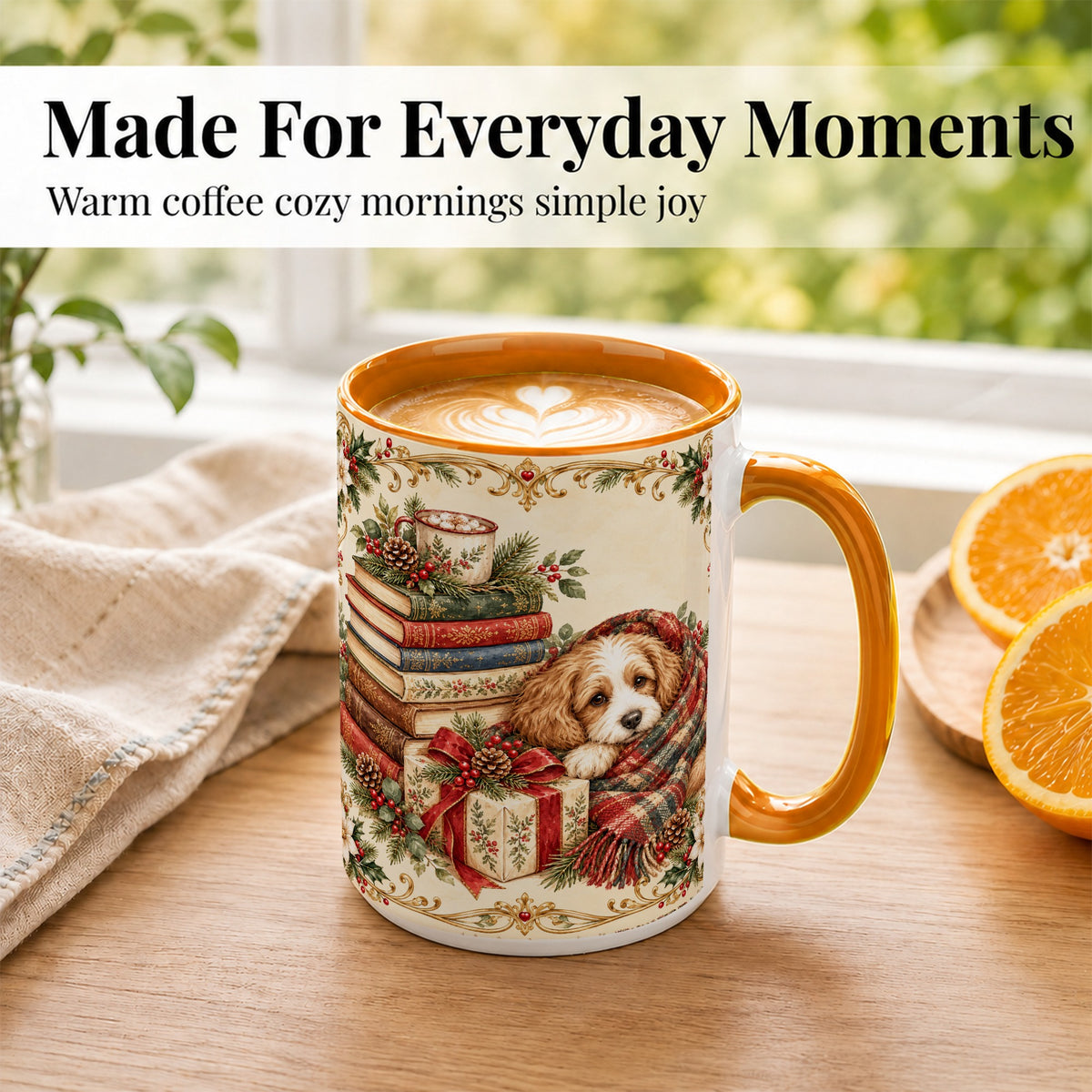 #pl[15oz|Orange] Christmas Dog Books Coffee Mug, Cozy Puppy Mug, Ceramic Cup