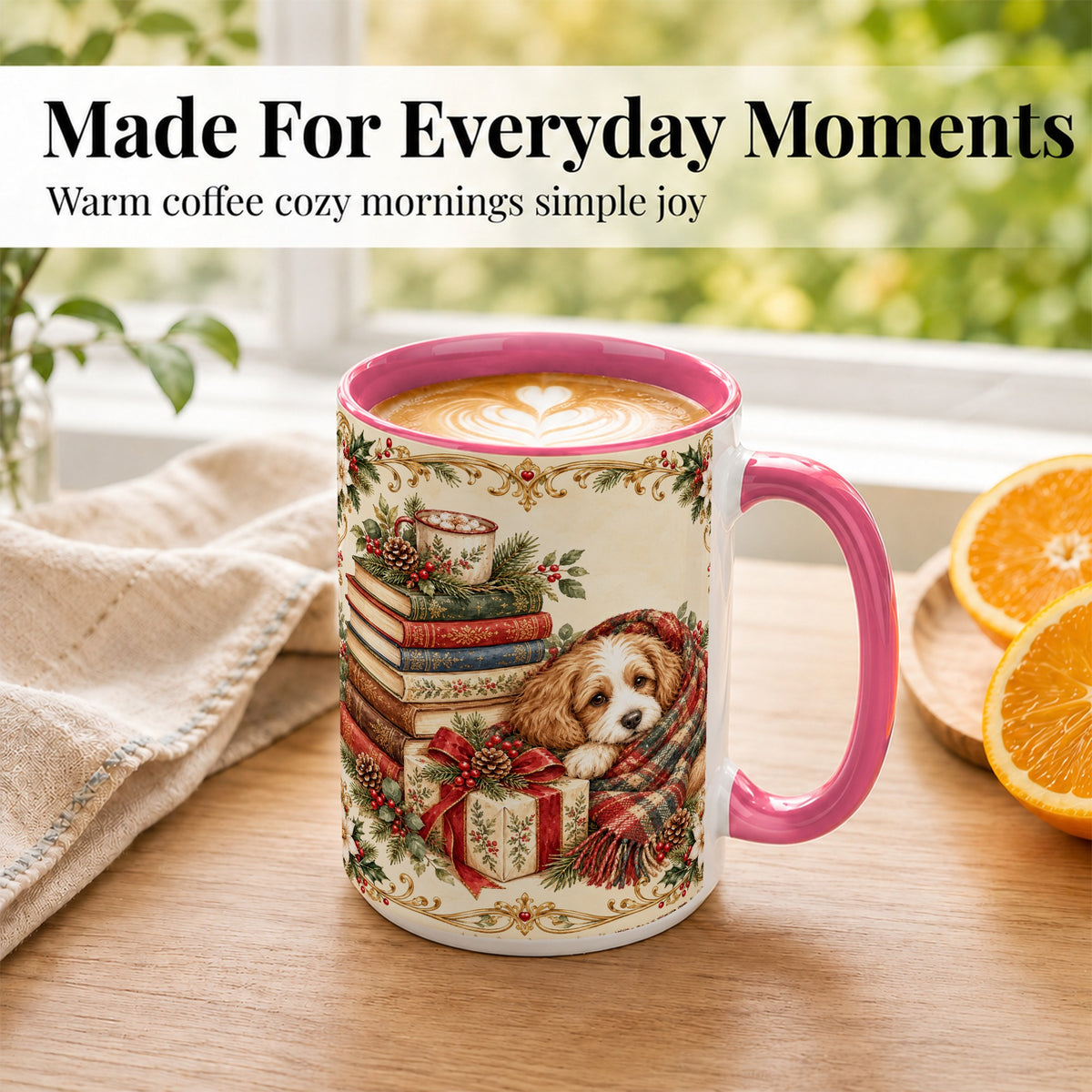 #pl[15oz|Pink] Christmas Dog Books Coffee Mug, Cozy Puppy Mug, Ceramic Cup