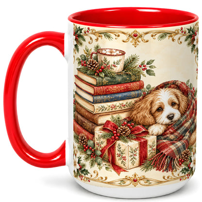 #pl[15oz|Red] Christmas Dog Books Coffee Mug, Cozy Puppy Mug, Ceramic Cup