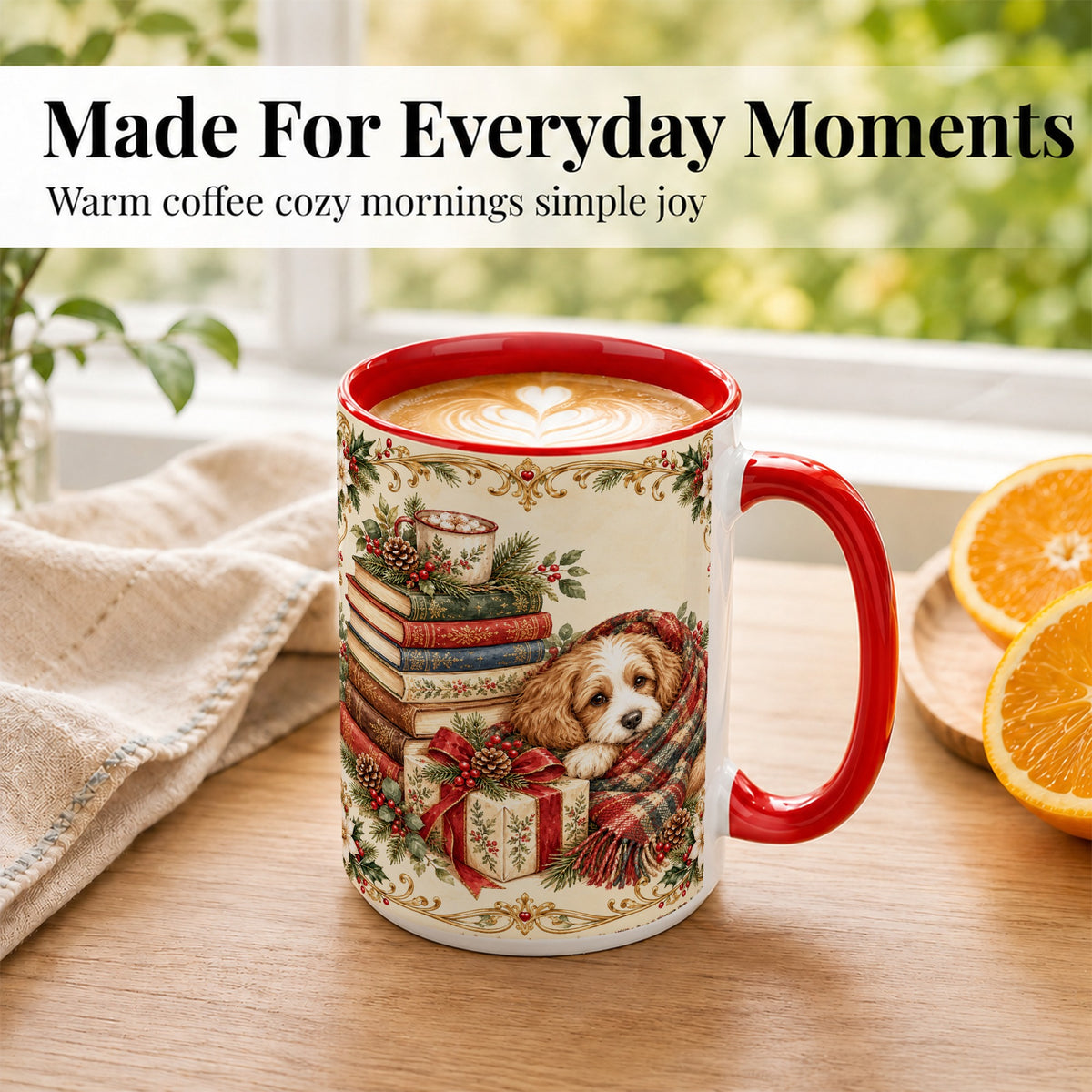 #pl[15oz|Red] Christmas Dog Books Coffee Mug, Cozy Puppy Mug, Ceramic Cup