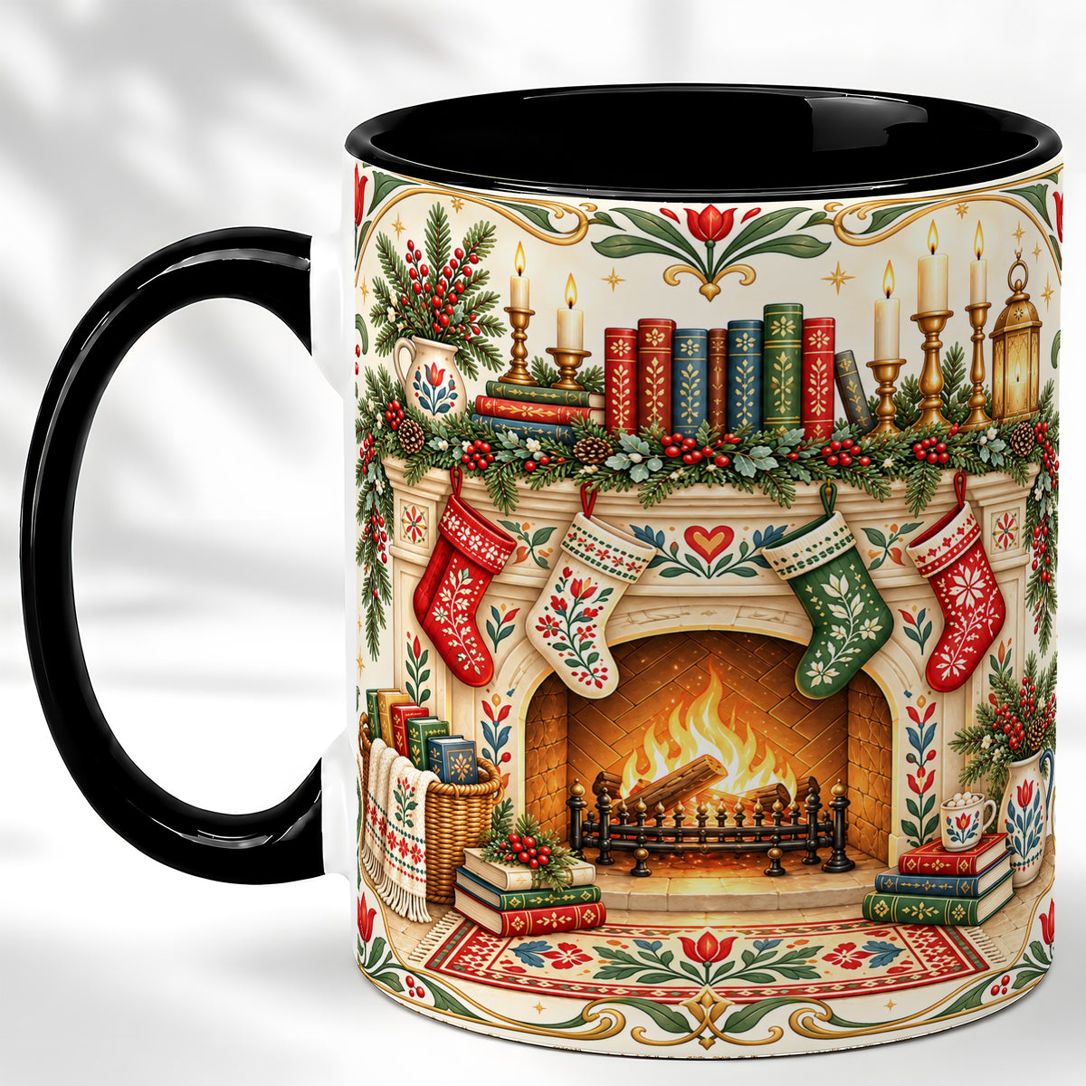 #pl[11oz|Black] Christmas Fireplace Coffee Mug, Cozy Reading Mug, Ceramic Cup