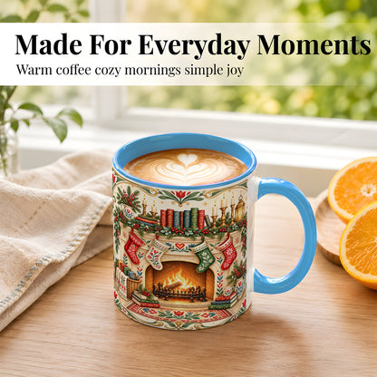 #pl[11oz|Blue] Christmas Fireplace Coffee Mug, Cozy Reading Mug, Ceramic Cup