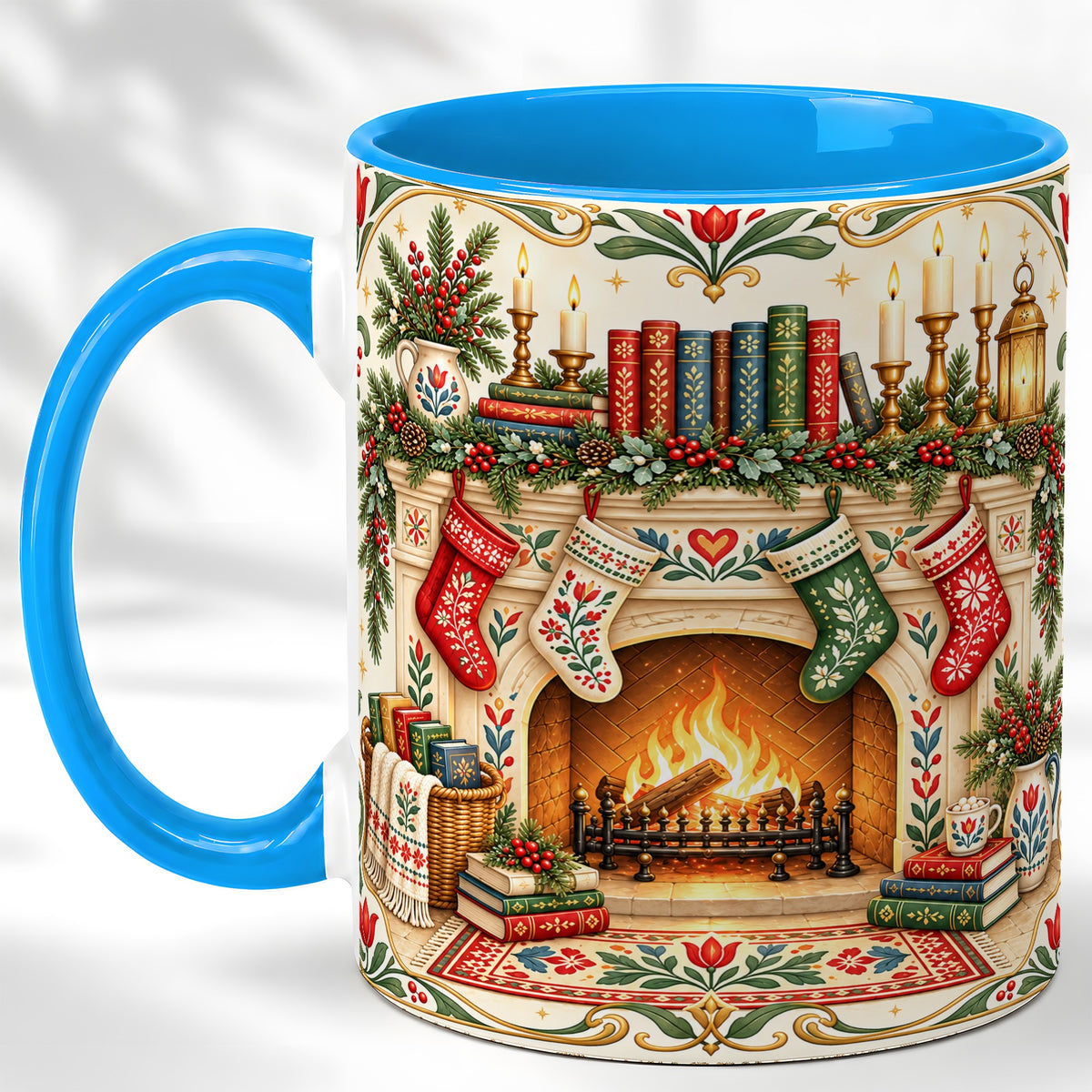 #pl[11oz|Blue] Christmas Fireplace Coffee Mug, Cozy Reading Mug, Ceramic Cup