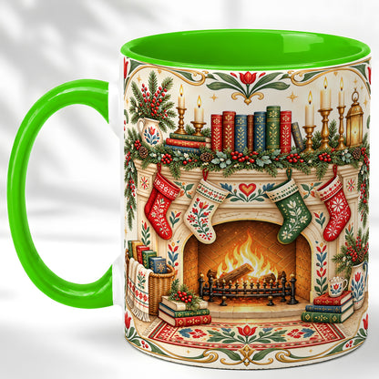 #pl[11oz|Green] Christmas Fireplace Coffee Mug, Cozy Reading Mug, Ceramic Cup