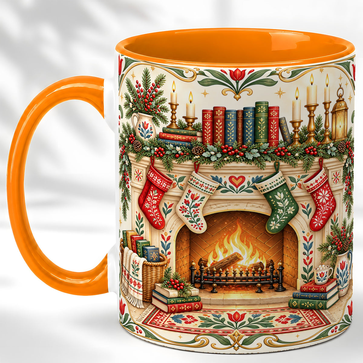 #pl[11oz|Orange] Christmas Fireplace Coffee Mug, Cozy Reading Mug, Ceramic Cup