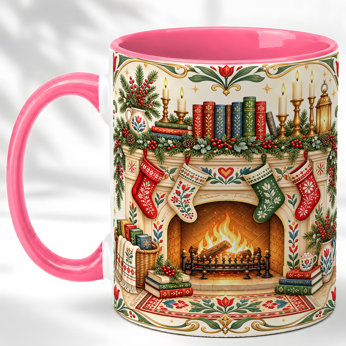 #pl[11oz|Pink] Christmas Fireplace Coffee Mug, Cozy Reading Mug, Ceramic Cup