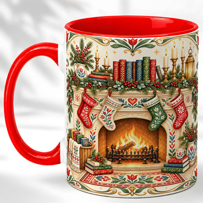 Christmas Fireplace Coffee Mug, Cozy Reading Mug, Ceramic Cup