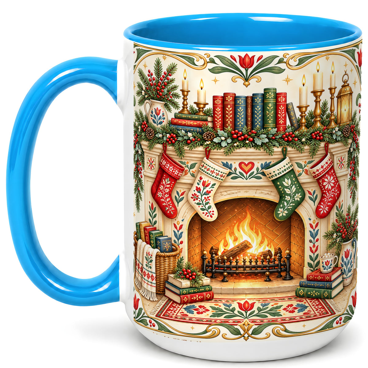#pl[15oz|Blue] Christmas Fireplace Coffee Mug, Cozy Reading Mug, Ceramic Cup