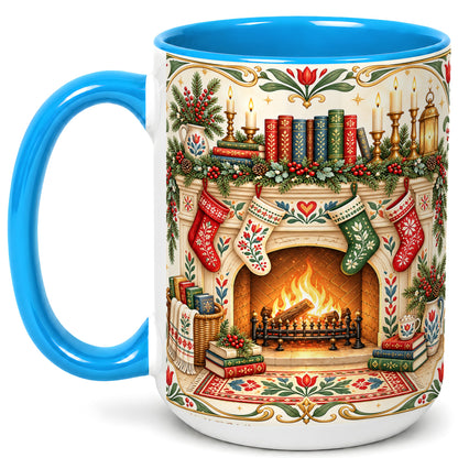 #pl[15oz|Blue] Christmas Fireplace Coffee Mug, Cozy Reading Mug, Ceramic Cup