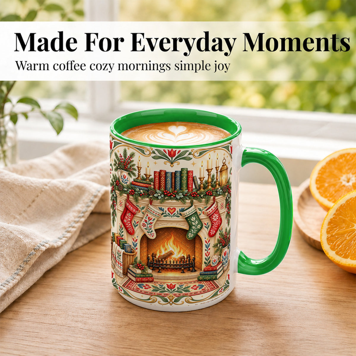 #pl[15oz|Green] Christmas Fireplace Coffee Mug, Cozy Reading Mug, Ceramic Cup