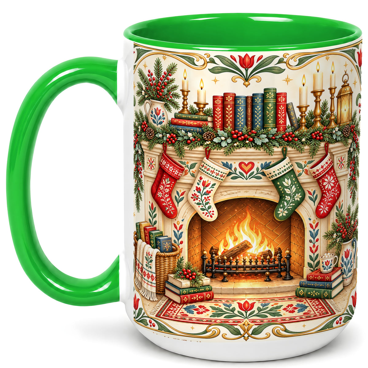 #pl[15oz|Green] Christmas Fireplace Coffee Mug, Cozy Reading Mug, Ceramic Cup