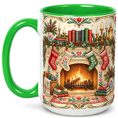 #pl[15oz|Green] Christmas Fireplace Coffee Mug, Cozy Reading Mug, Ceramic Cup