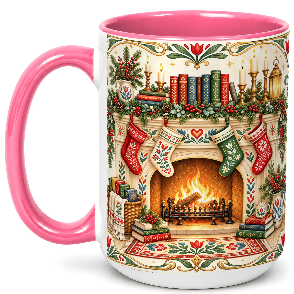 #pl[15oz|Pink] Christmas Fireplace Coffee Mug, Cozy Reading Mug, Ceramic Cup