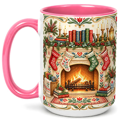 #pl[15oz|Pink] Christmas Fireplace Coffee Mug, Cozy Reading Mug, Ceramic Cup