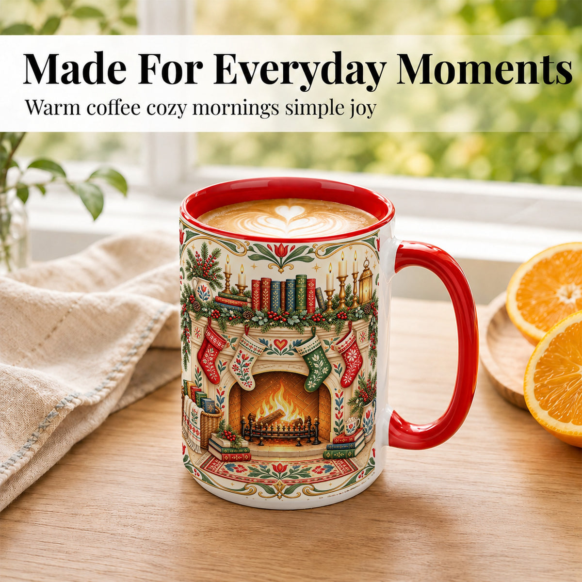 #pl[15oz|Red] Christmas Fireplace Coffee Mug, Cozy Reading Mug, Ceramic Cup