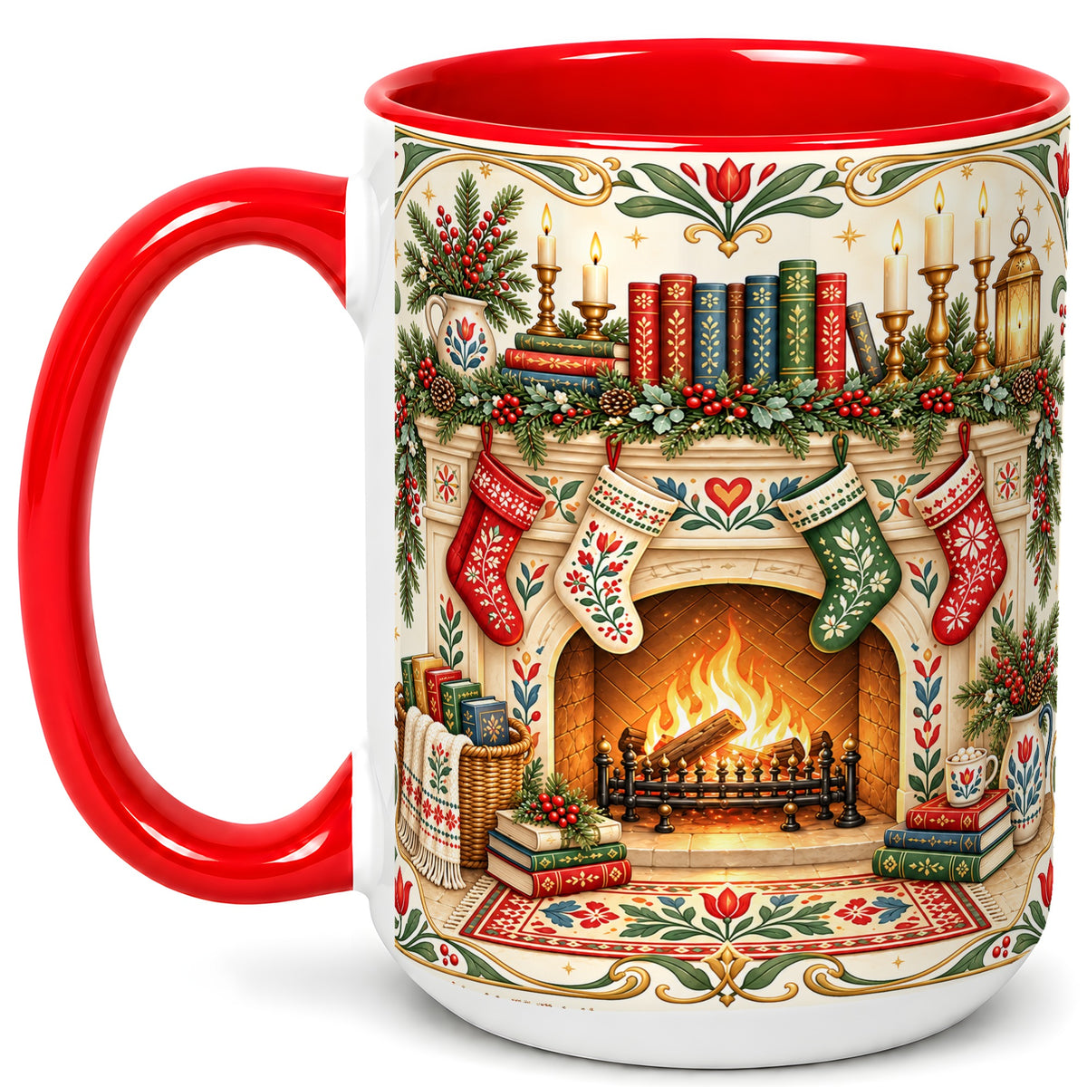 #pl[15oz|Red] Christmas Fireplace Coffee Mug, Cozy Reading Mug, Ceramic Cup