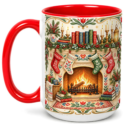 #pl[15oz|Red] Christmas Fireplace Coffee Mug, Cozy Reading Mug, Ceramic Cup