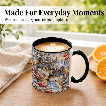 #pl[11oz|Black] Winter Wolves Coffee Mug, Snowy Forest Mug, Ceramic Cup