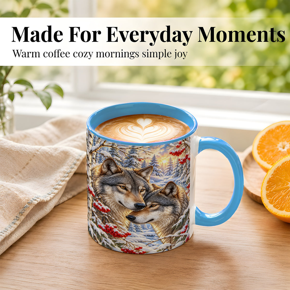#pl[11oz|Blue] Winter Wolves Coffee Mug, Snowy Forest Mug, Ceramic Cup