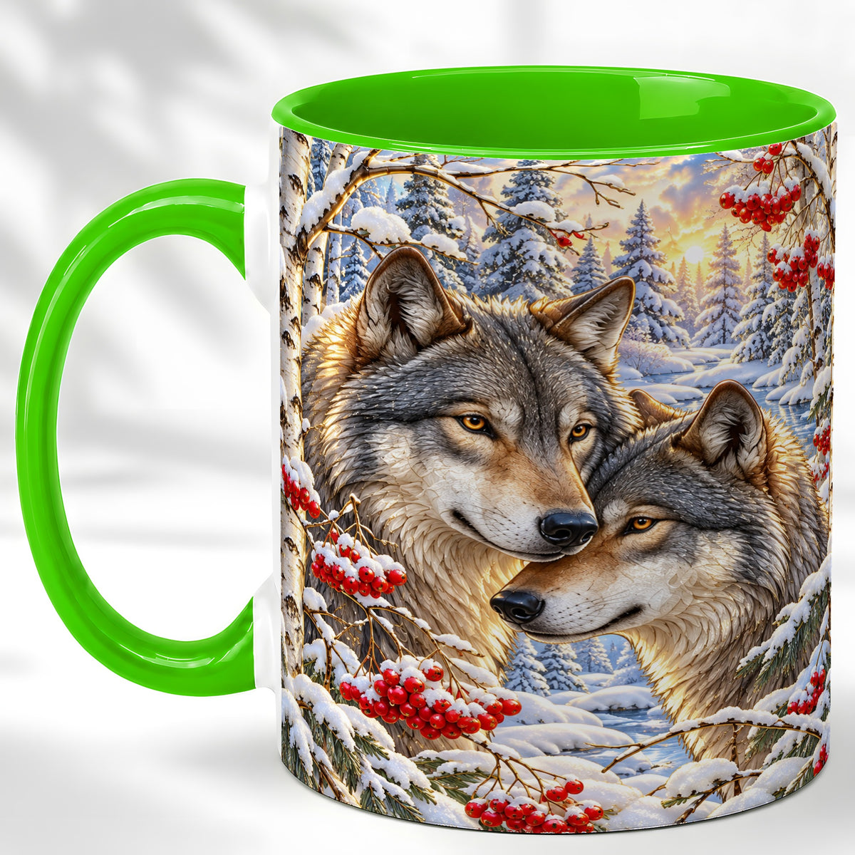 #pl[11oz|Green] Winter Wolves Coffee Mug, Snowy Forest Mug, Ceramic Cup