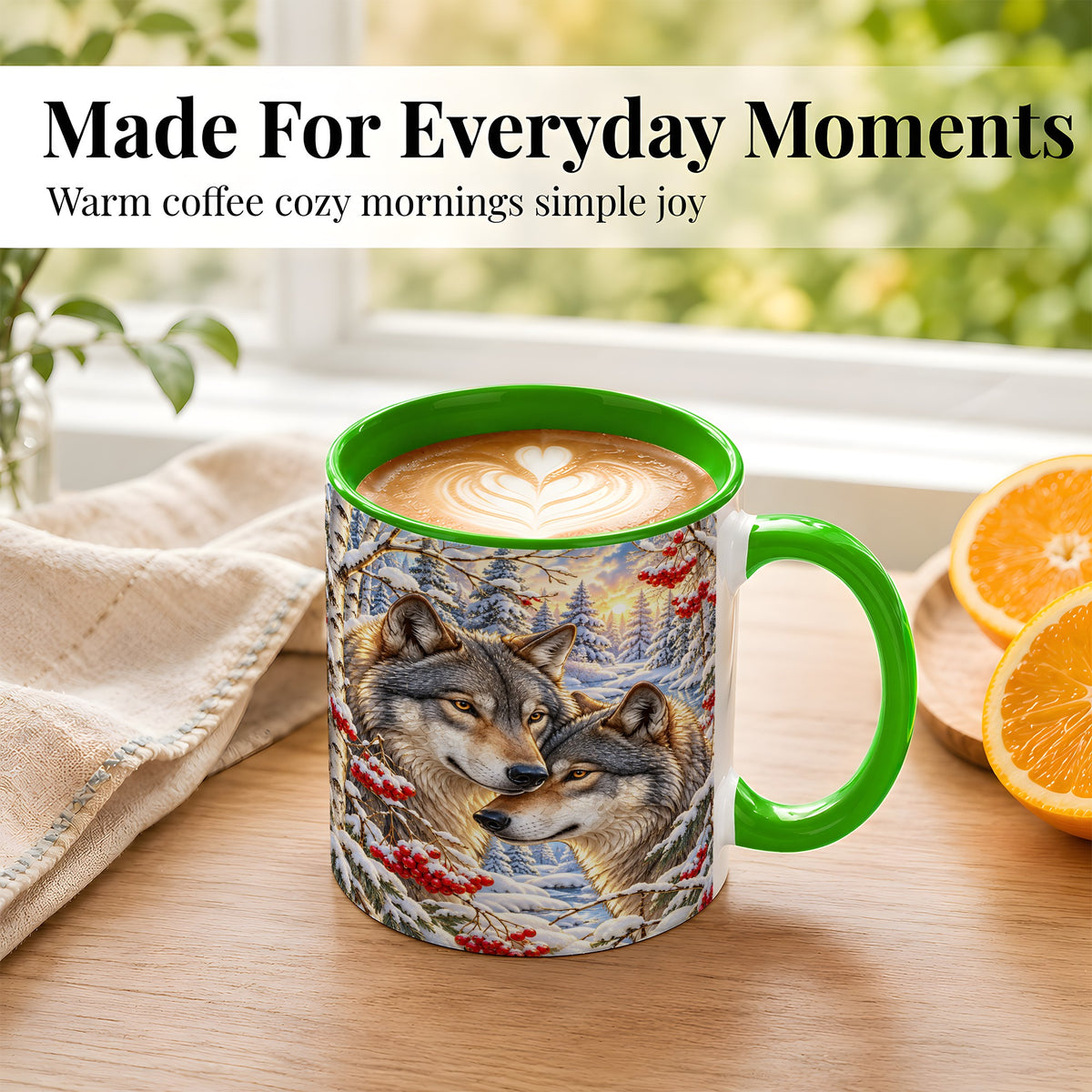 #pl[11oz|Green] Winter Wolves Coffee Mug, Snowy Forest Mug, Ceramic Cup