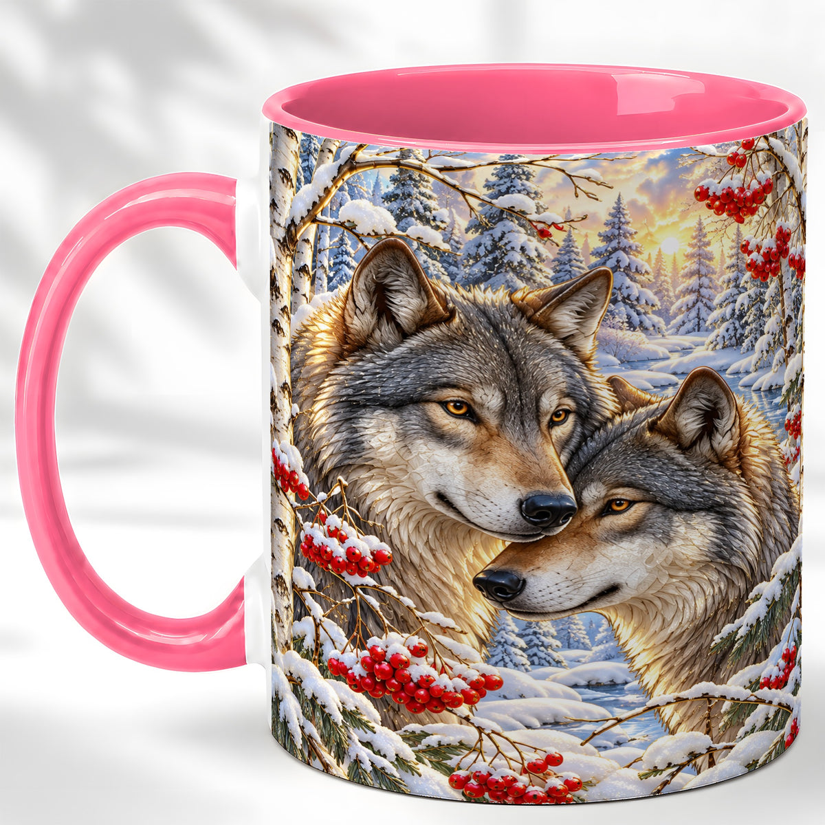 #pl[11oz|Pink] Winter Wolves Coffee Mug, Snowy Forest Mug, Ceramic Cup