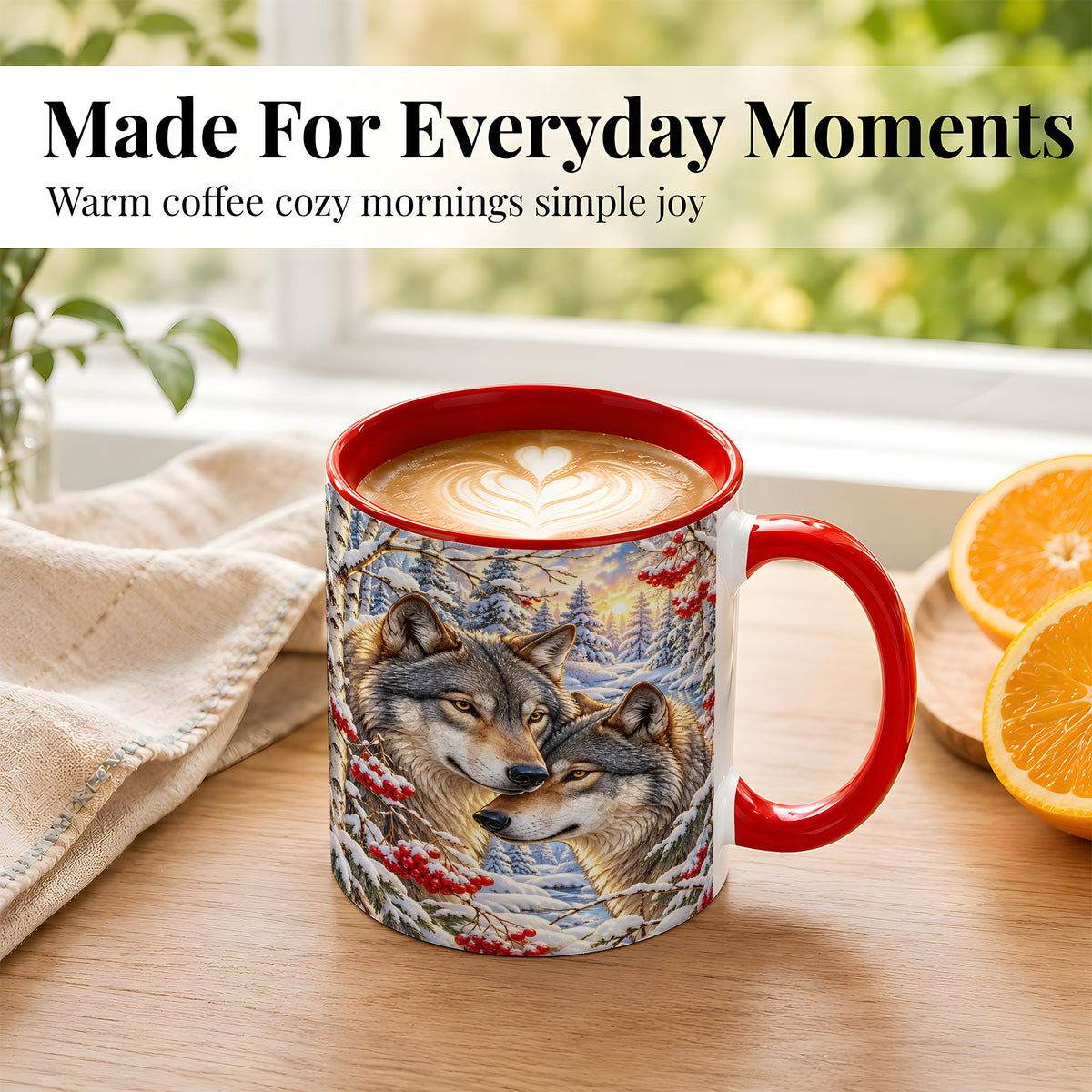 #pl[11oz|Red] Winter Wolves Coffee Mug, Snowy Forest Mug, Ceramic Cup