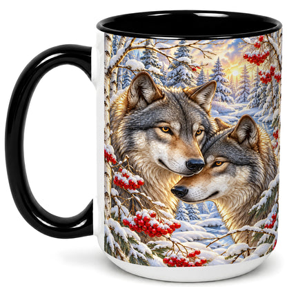 #pl[15oz|Black] Winter Wolves Coffee Mug, Snowy Forest Mug, Ceramic Cup