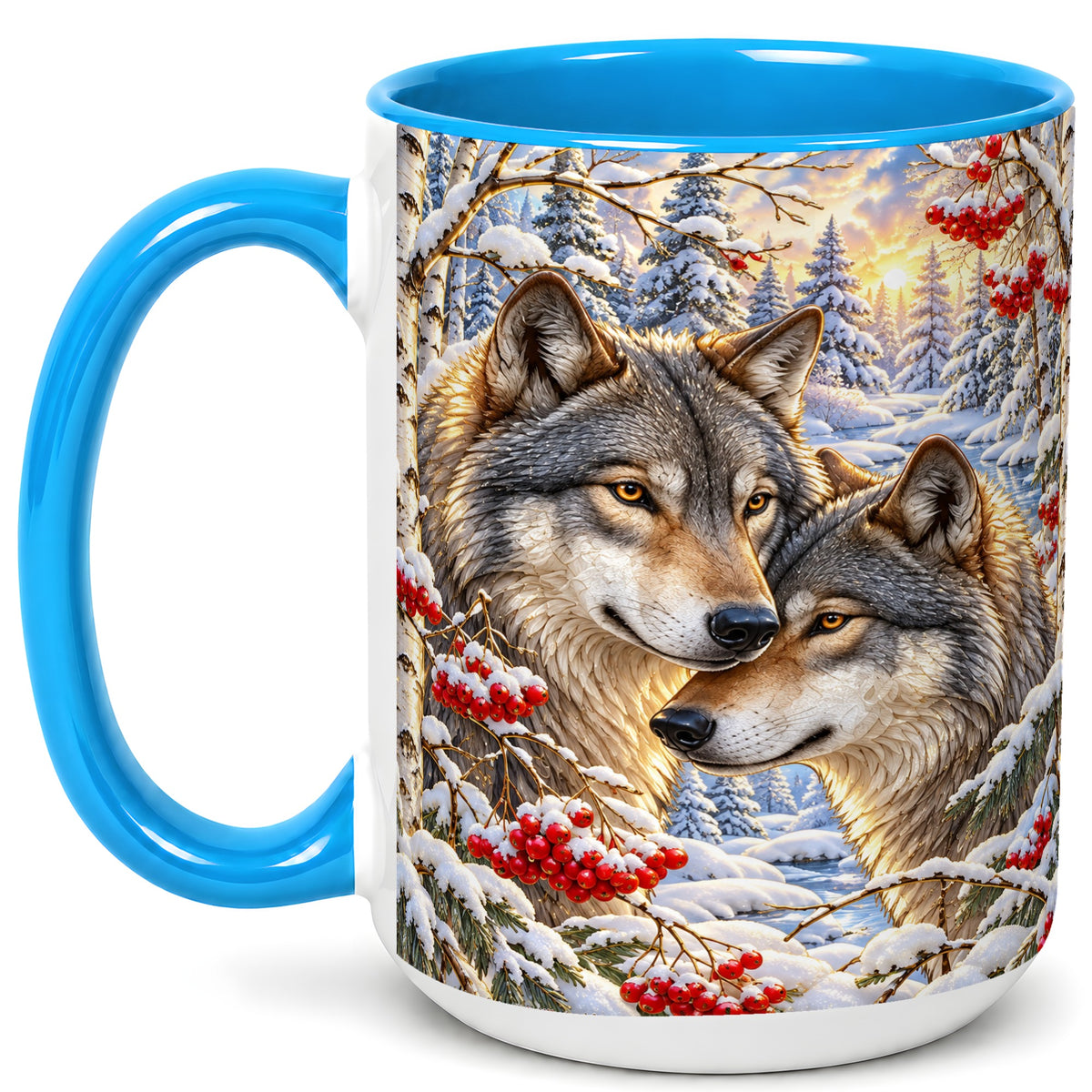 #pl[15oz|Blue] Winter Wolves Coffee Mug, Snowy Forest Mug, Ceramic Cup
