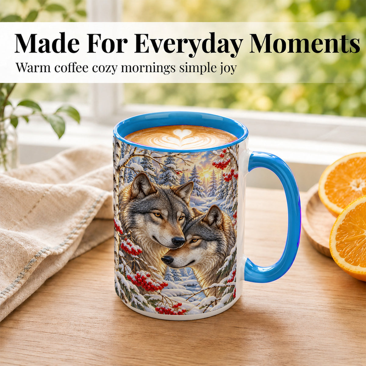 #pl[15oz|Blue] Winter Wolves Coffee Mug, Snowy Forest Mug, Ceramic Cup