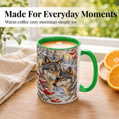 #pl[15oz|Green] Winter Wolves Coffee Mug, Snowy Forest Mug, Ceramic Cup