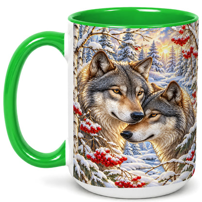 #pl[15oz|Green] Winter Wolves Coffee Mug, Snowy Forest Mug, Ceramic Cup