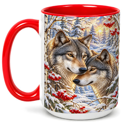 #pl[15oz|Red] Winter Wolves Coffee Mug, Snowy Forest Mug, Ceramic Cup
