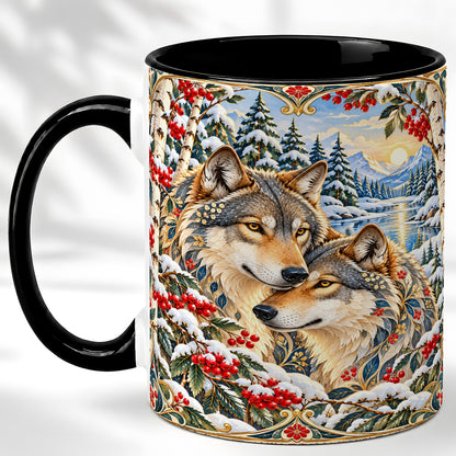 #pl[11oz|Black] Winter Wolf Pair Coffee Mug, Snowy Mountain Mug, Ceramic Cup