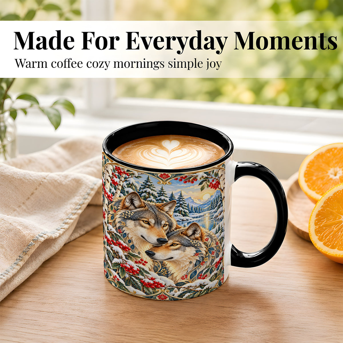 #pl[11oz|Black] Winter Wolf Pair Coffee Mug, Snowy Mountain Mug, Ceramic Cup