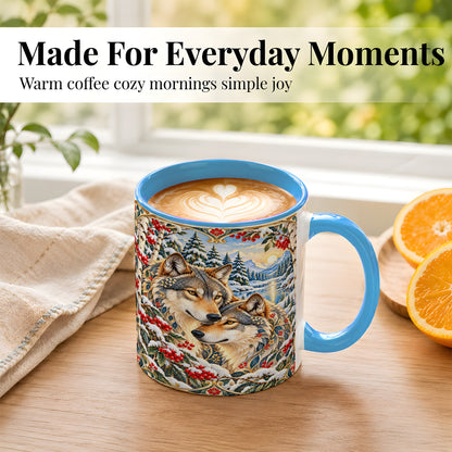 #pl[11oz|Blue] Winter Wolf Pair Coffee Mug, Snowy Mountain Mug, Ceramic Cup