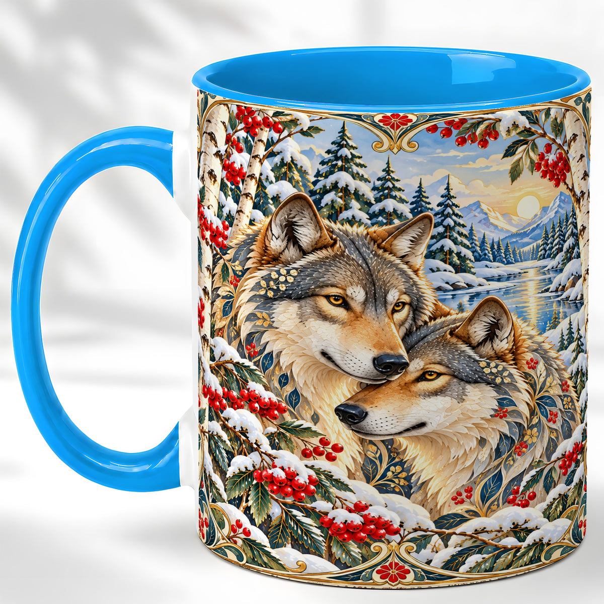 #pl[11oz|Blue] Winter Wolf Pair Coffee Mug, Snowy Mountain Mug, Ceramic Cup