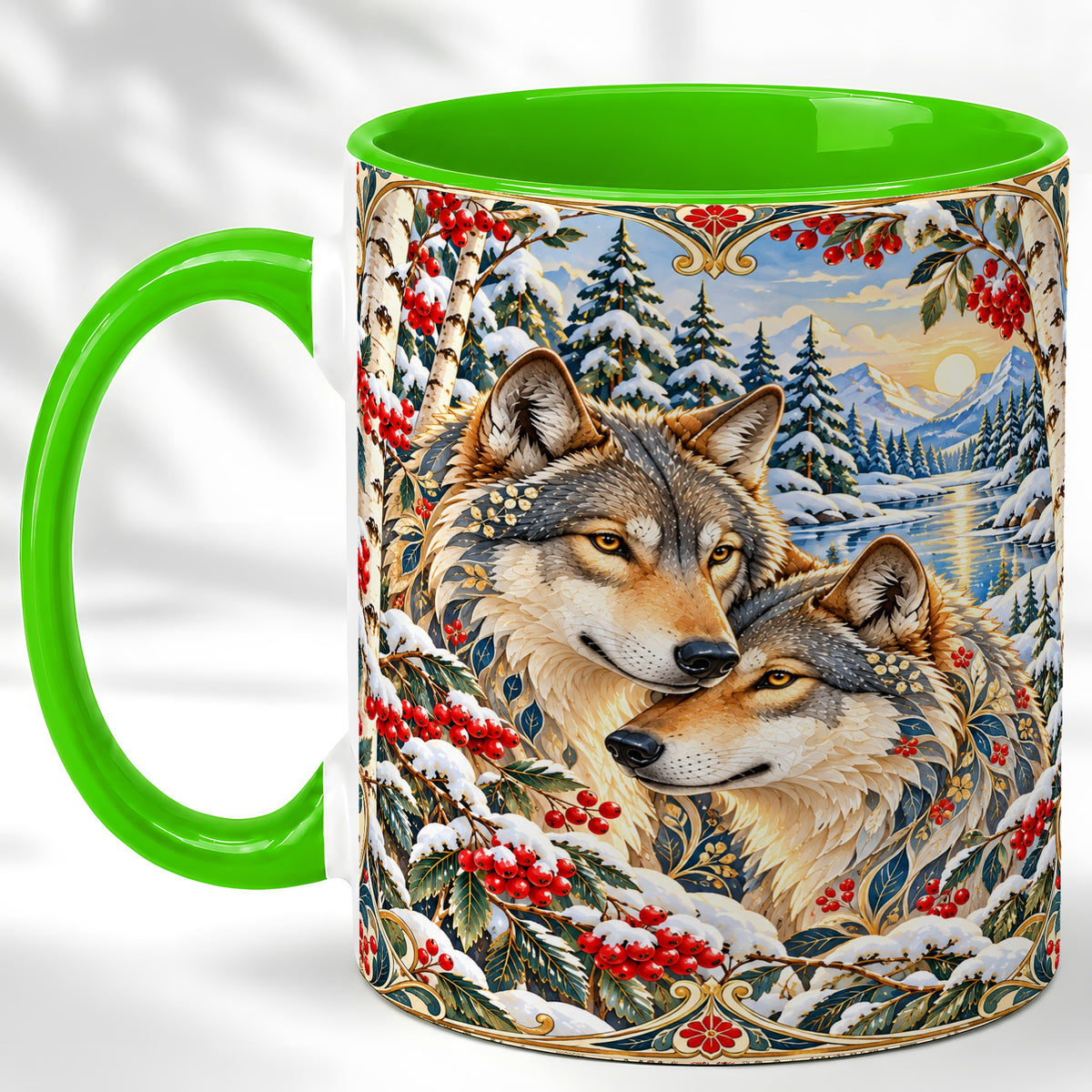 #pl[11oz|Green] Winter Wolf Pair Coffee Mug, Snowy Mountain Mug, Ceramic Cup