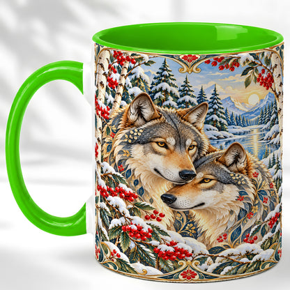 #pl[11oz|Green] Winter Wolf Pair Coffee Mug, Snowy Mountain Mug, Ceramic Cup