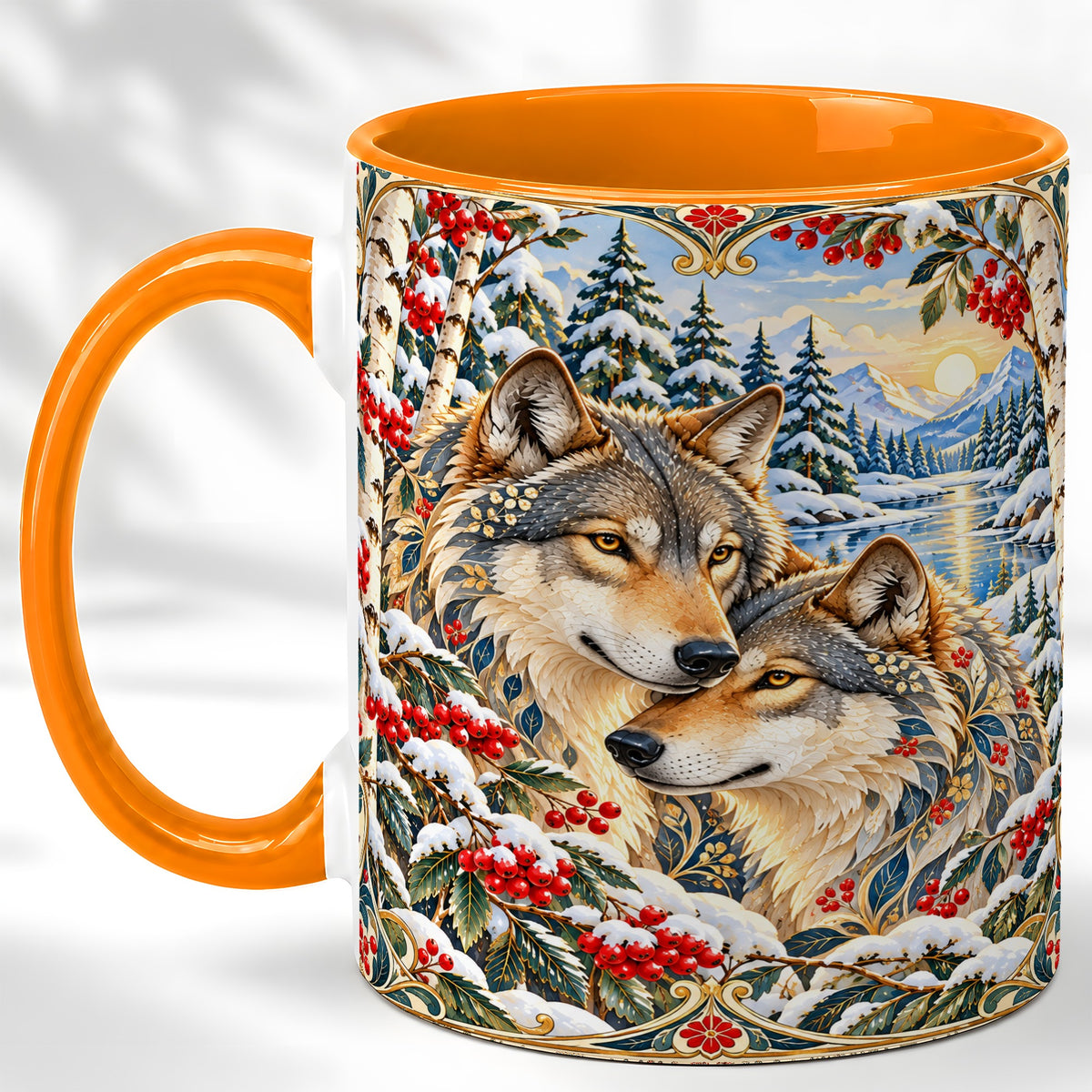 #pl[11oz|Orange] Winter Wolf Pair Coffee Mug, Snowy Mountain Mug, Ceramic Cup