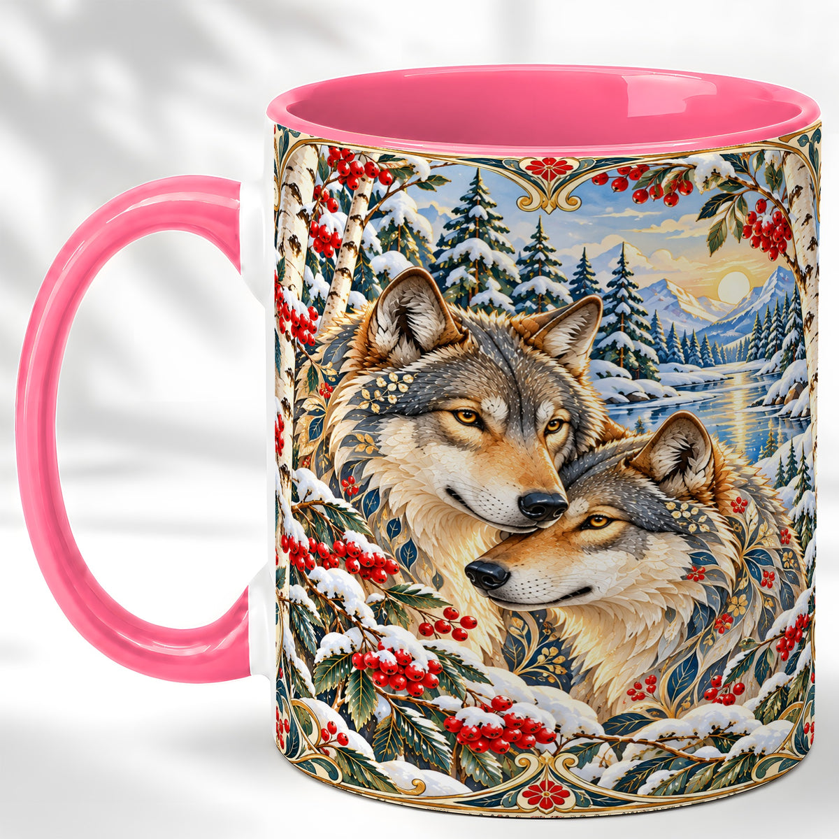 #pl[11oz|Pink] Winter Wolf Pair Coffee Mug, Snowy Mountain Mug, Ceramic Cup