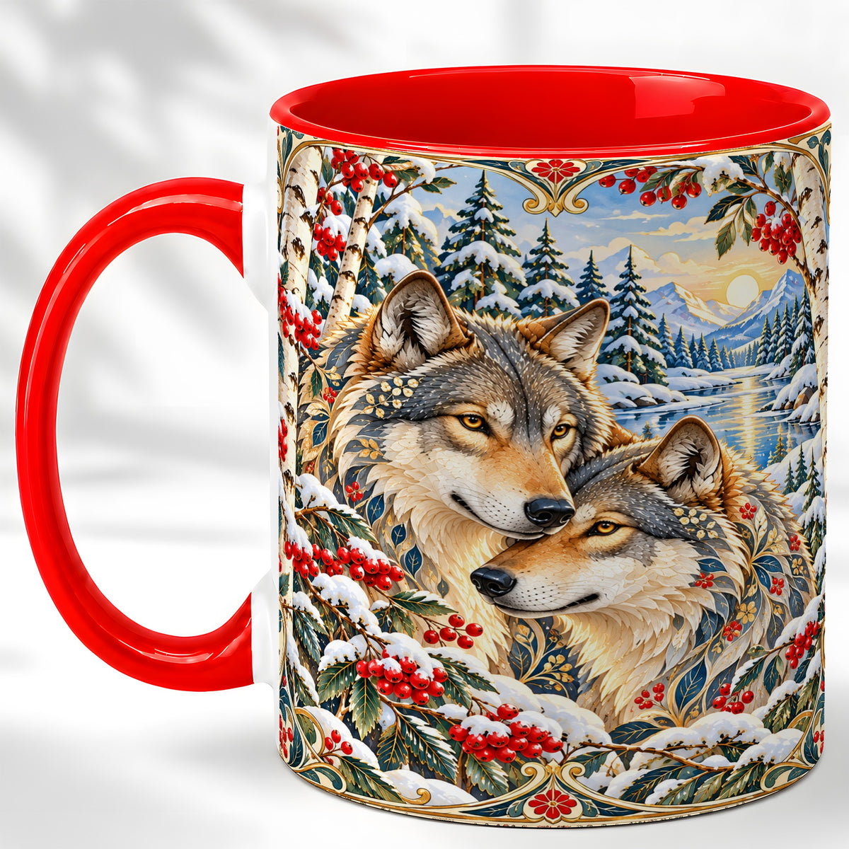Winter Wolf Pair Coffee Mug, Snowy Mountain Mug, Ceramic Cup