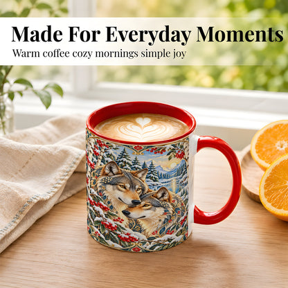 #pl[11oz|Red] Winter Wolf Pair Coffee Mug, Snowy Mountain Mug, Ceramic Cup