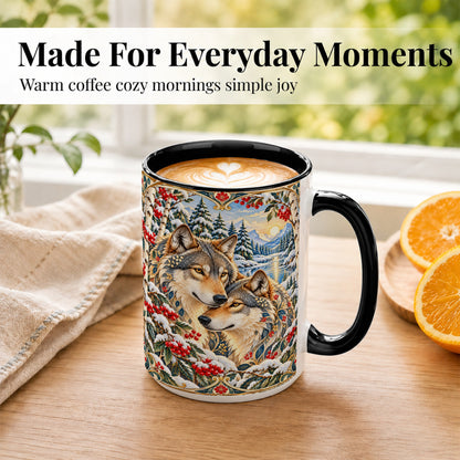 #pl[15oz|Black] Winter Wolf Pair Coffee Mug, Snowy Mountain Mug, Ceramic Cup