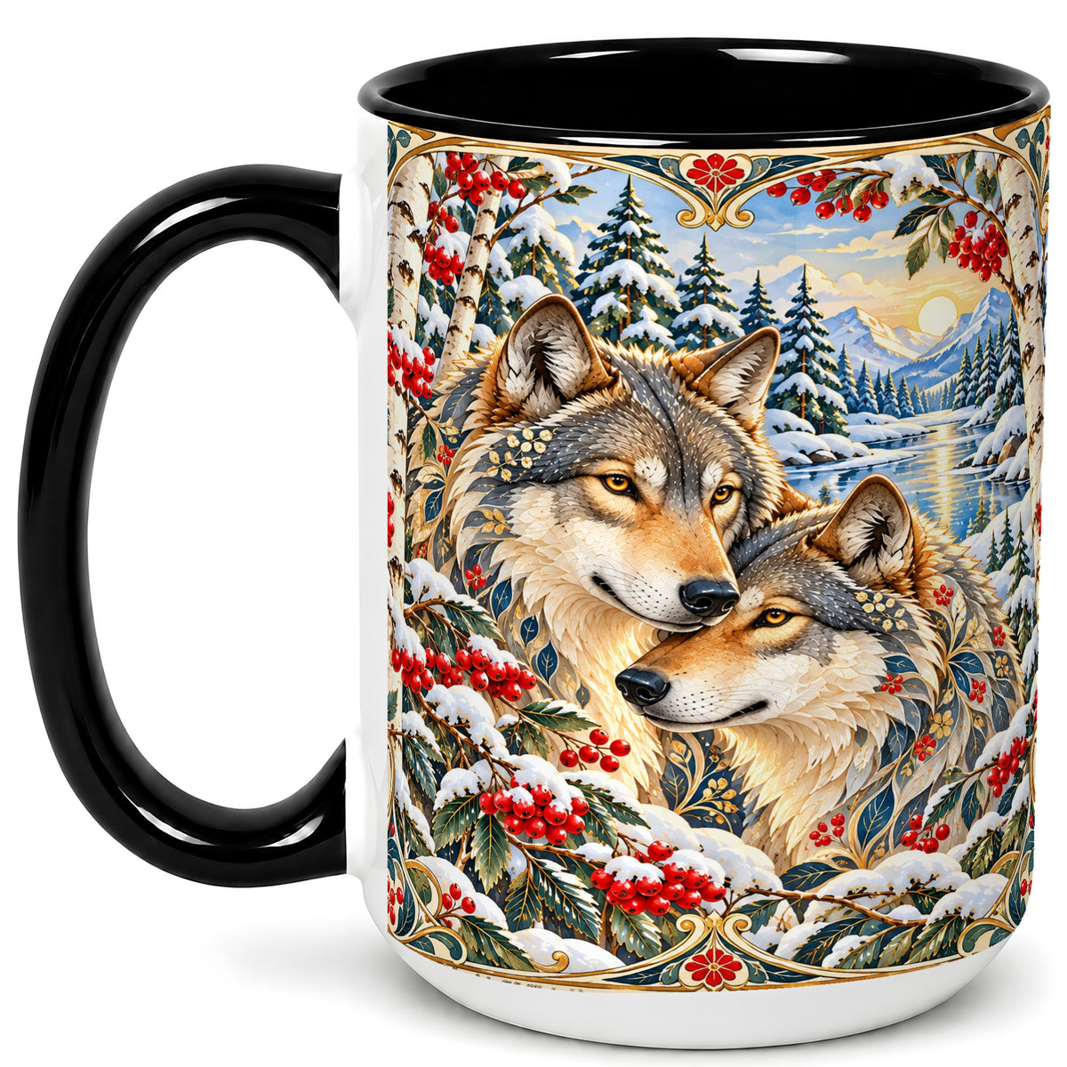 #pl[15oz|Black] Winter Wolf Pair Coffee Mug, Snowy Mountain Mug, Ceramic Cup