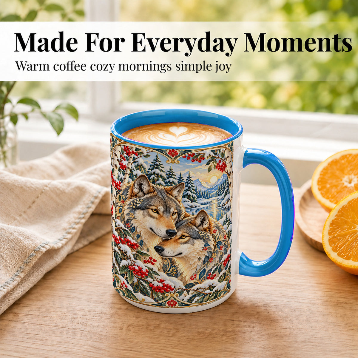 #pl[15oz|Blue] Winter Wolf Pair Coffee Mug, Snowy Mountain Mug, Ceramic Cup