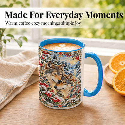 #pl[15oz|Blue] Winter Wolf Pair Coffee Mug, Snowy Mountain Mug, Ceramic Cup
