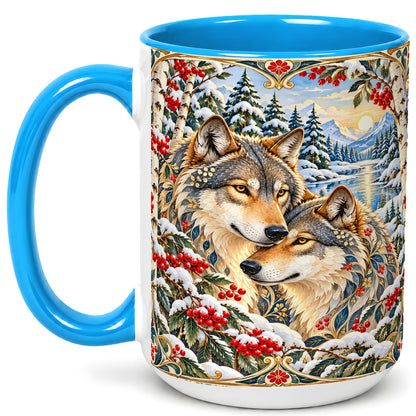 #pl[15oz|Blue] Winter Wolf Pair Coffee Mug, Snowy Mountain Mug, Ceramic Cup