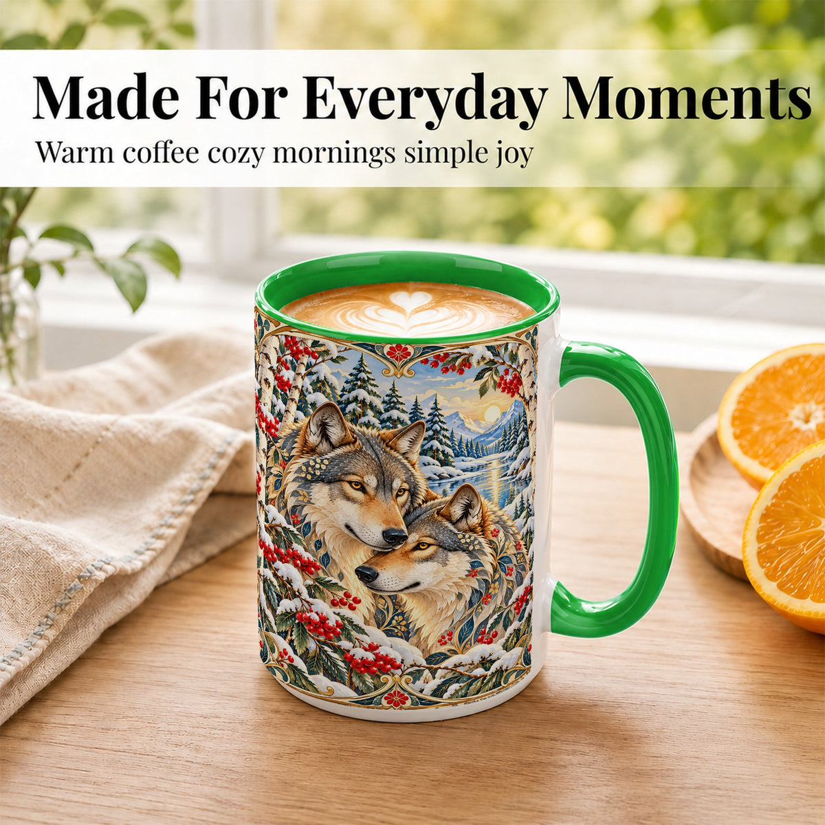 #pl[15oz|Green] Winter Wolf Pair Coffee Mug, Snowy Mountain Mug, Ceramic Cup